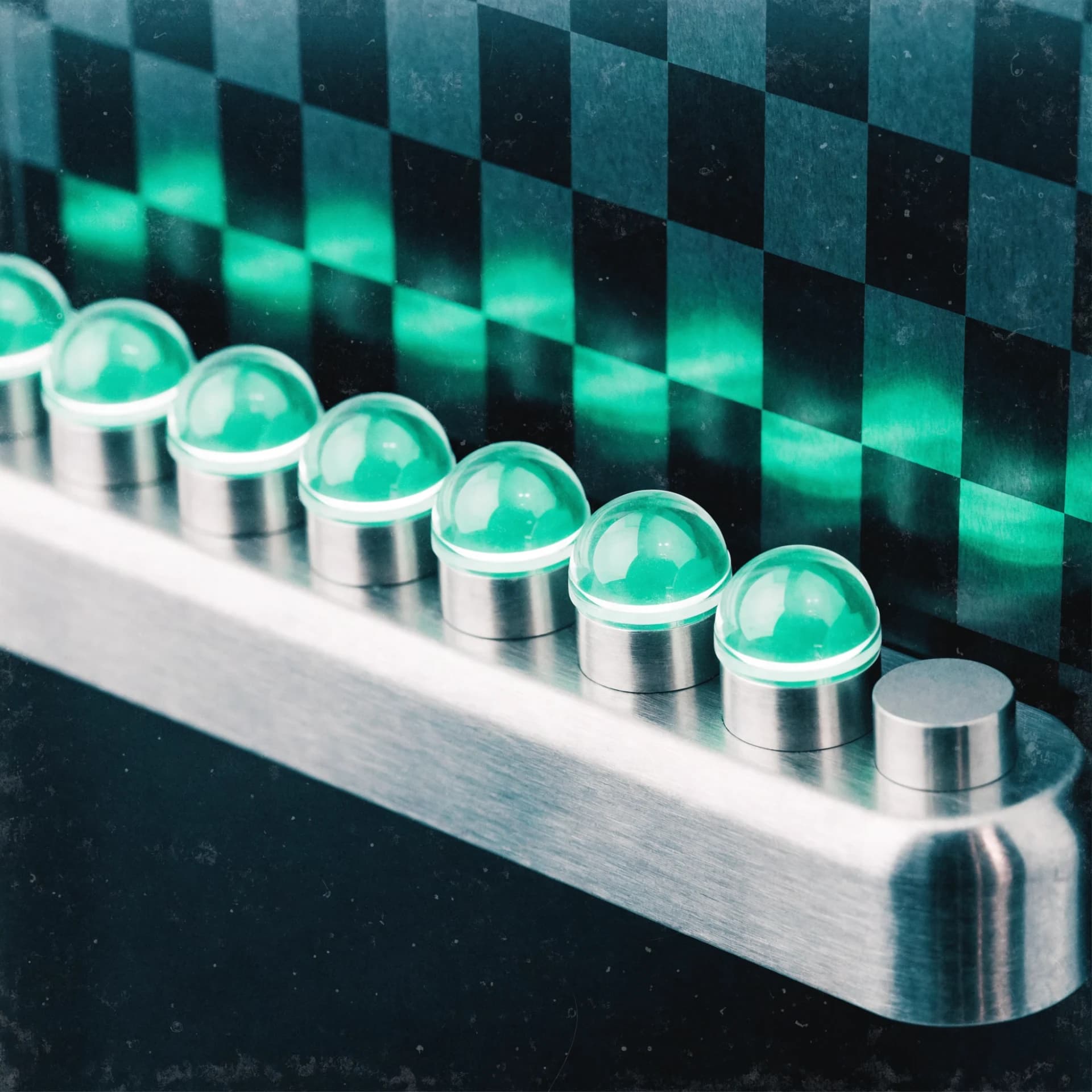 A calm brushed-steel andon status board with a row of green status LEDs all lit, signalling all lines stable and no active incidents, on a cool graphite background.